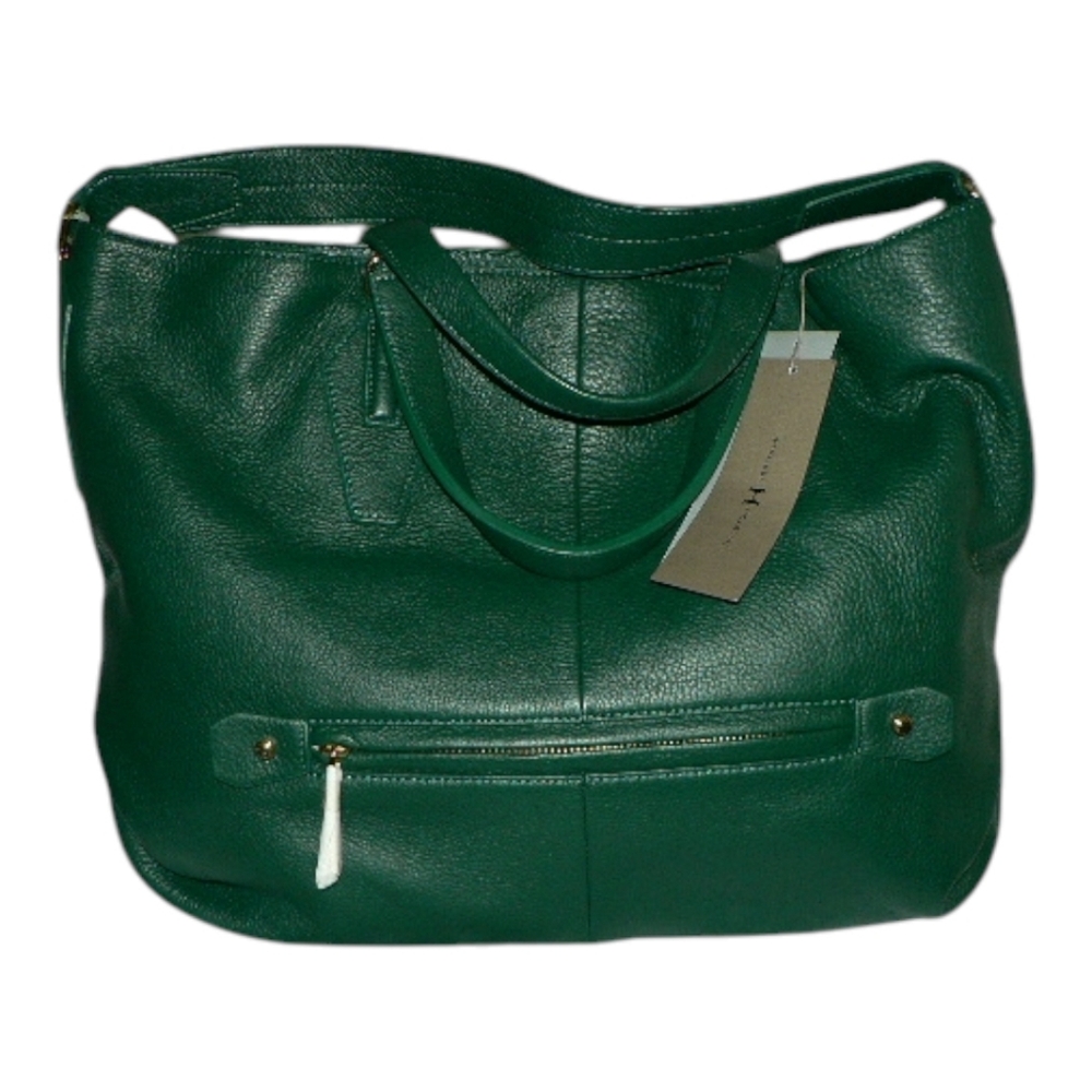 Halston Heritage Pebbled Leather Green Tote with Structured Design Shoulder Bag